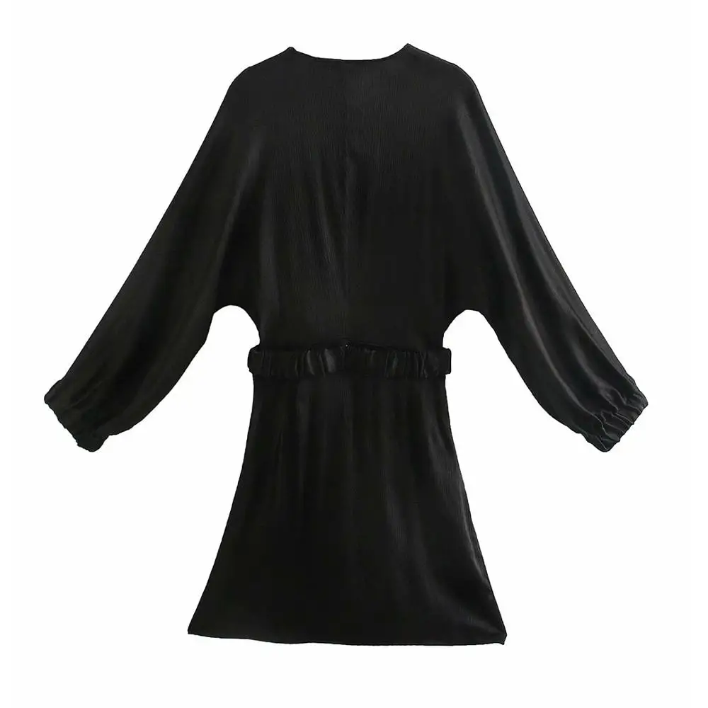 

Summer Batwing Sleeve Dress Women Chic V-neck Long Sleeve Vintage High Waist Dress Woman Elegant With Blet Mini Dresses