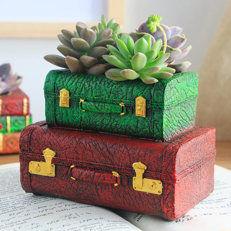 European Retro Suitcase Succulents Flower Pot Creative Personality Resin Small Micro-landscape Decoration Ornaments | Дом и сад