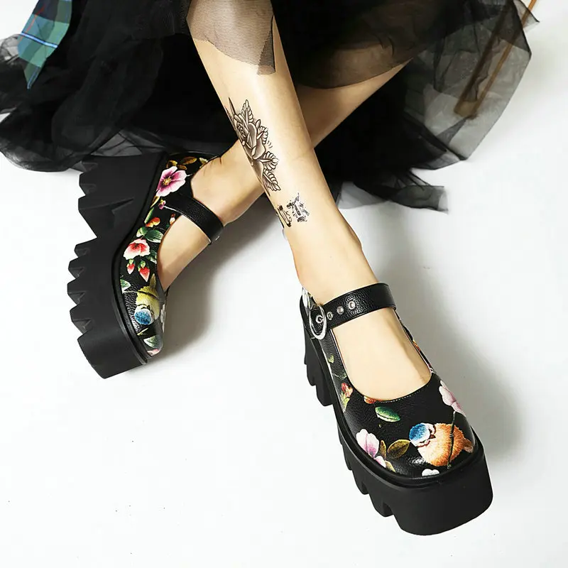 

Black PU Leather Women High Heel Shoes Platform Square High Heel Women Pumps Buckle Flower Women's Shoes 2021 Motorcycle Shoes