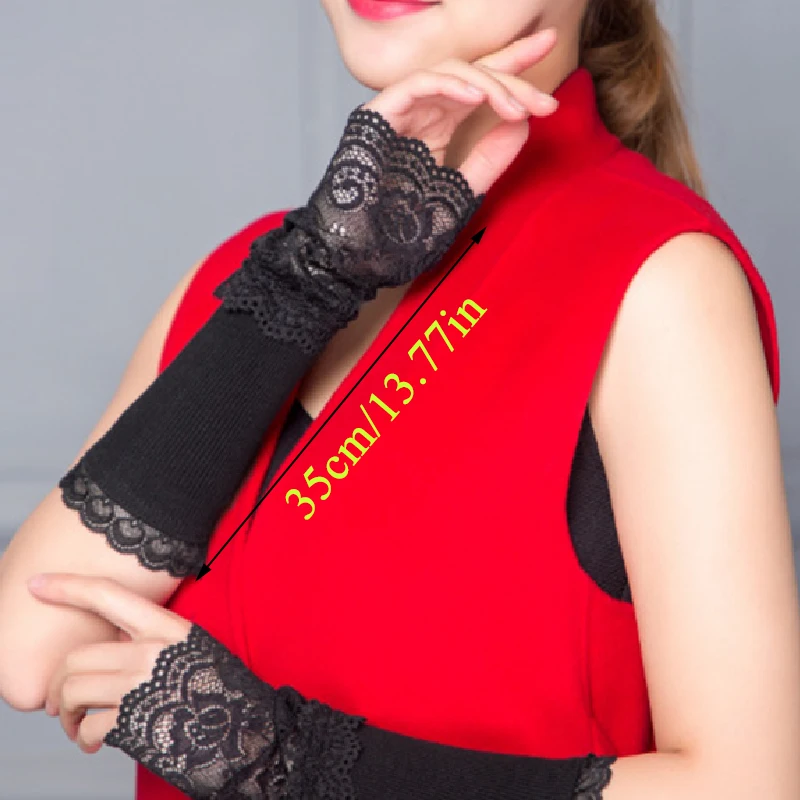 Перчатки женские кружевные без пальцев Длинные Теплые черные хлопковые рукава 1