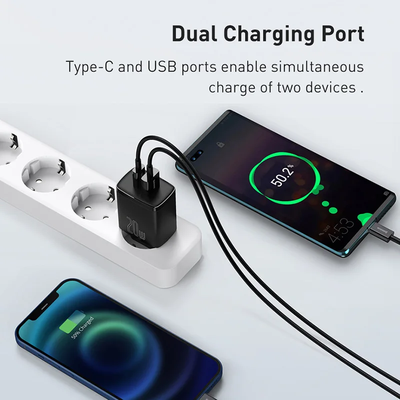 Baseus-cargador USB de 20W, dispositivo de carga r&aacute;pida tipo C, PD, puerto USB Dual, port&aacute;til, para iPhone 12 Pro Max 11 Mini 8 Plus-1