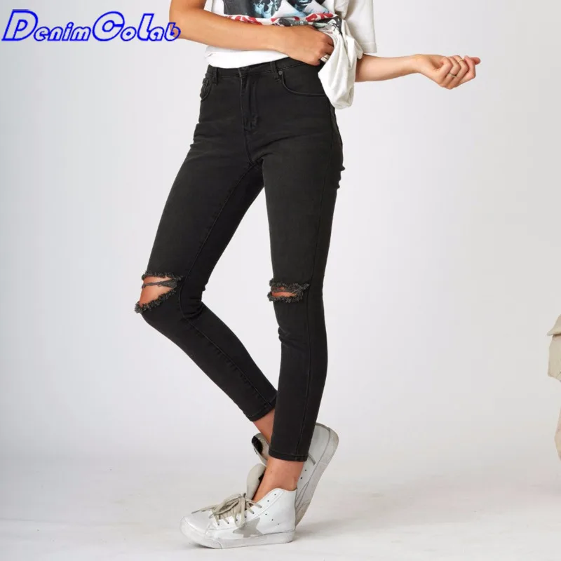 

DenimColab Skinny Black Ripped Jeans Pants Women Elastic Holes Mid Waist Pencil Pants Femme Casual Denim Pants Jeans Ladies 2021