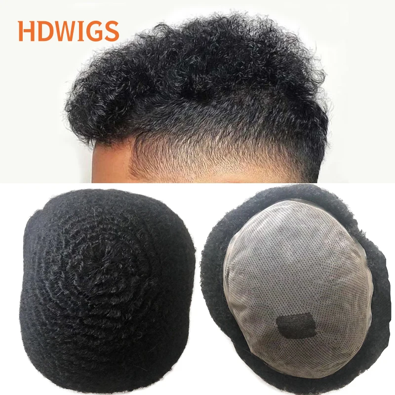 Full Lace Men Toupee 100% Natural Human Hair Wig 4mm Afro Curl Hair Indian Remy Hair Replacement System Natural Color Hairpiece