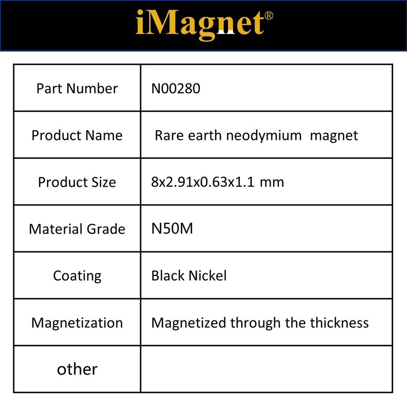 

N00280 30/100/300pcs N50M Block Rare Earth Neodymium Magnet, 8x2.91x0.63x1.1M mm,Ndfeb Magnet ,N50M magnet,magnet for curtains