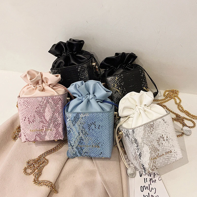 

Mini Box PU Leather Crossbody Bag For Women 2021 Winter Chain Drawstring Shoulder Bag Branded Designer Handbags And Purses