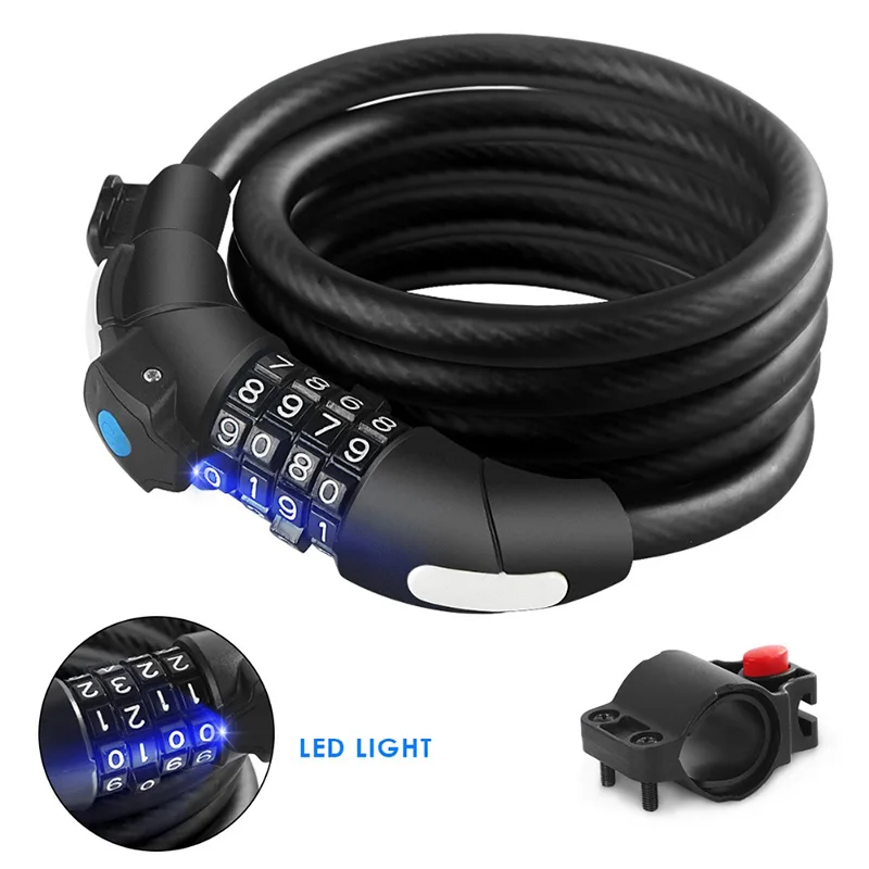 Bike Lock 4 Digit Code Combination Bicycle Security Steel Cable Spiral Cycling with Holder &amp LED Ligh | Спорт и развлечения