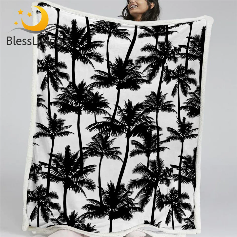 

BlessLiving Palm Trees Blankets For Bed Tropical Leaf Plush Blanket Black and White Sherpa Fleece Blanket Plant Throw Blanket