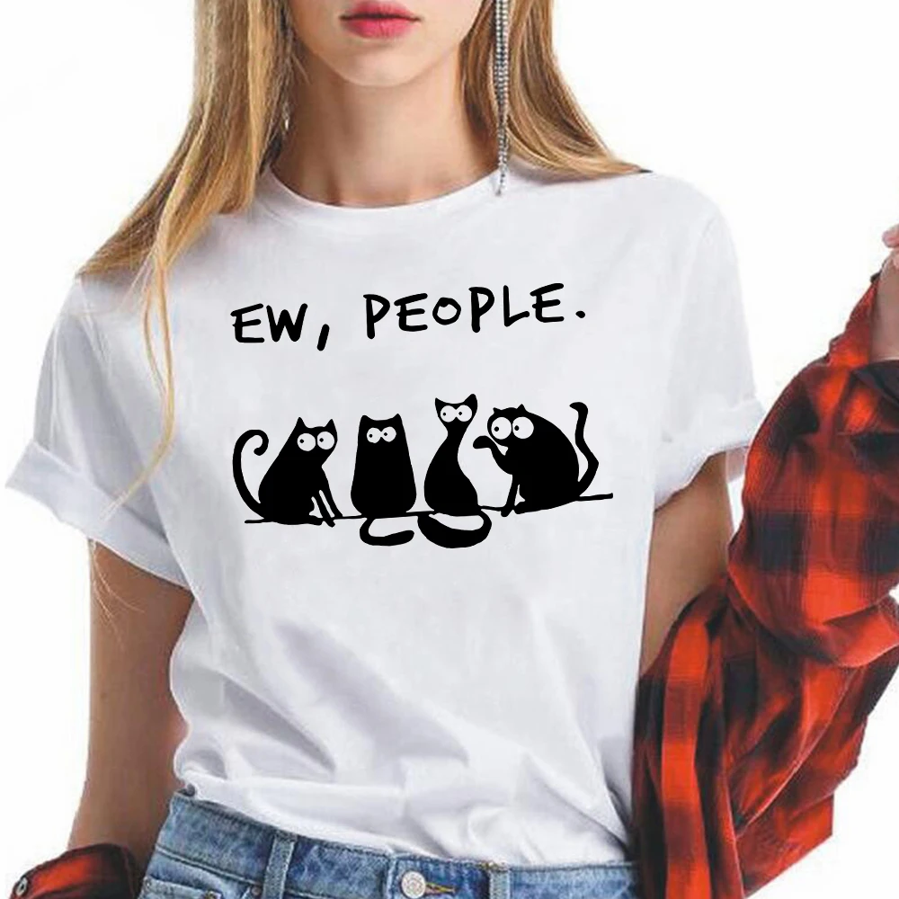 

2021 Fashion New Women Spring T-shirt Funny Black Cat Graphic EW PEOPLE Letter Tee shirt Casual Oversize Streetwear T-shirts