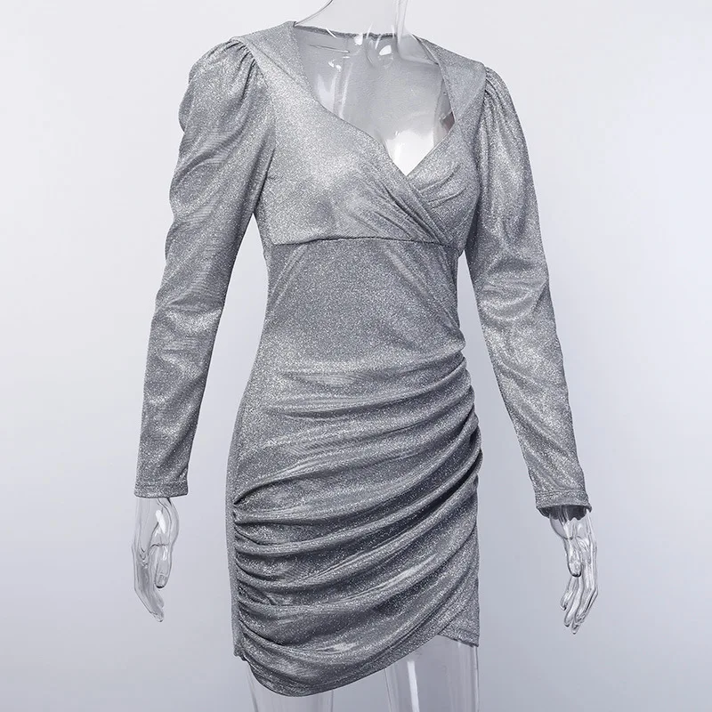 Женское шелковое платье с V-образным вырезом длинным рукавом и открытой спиной |