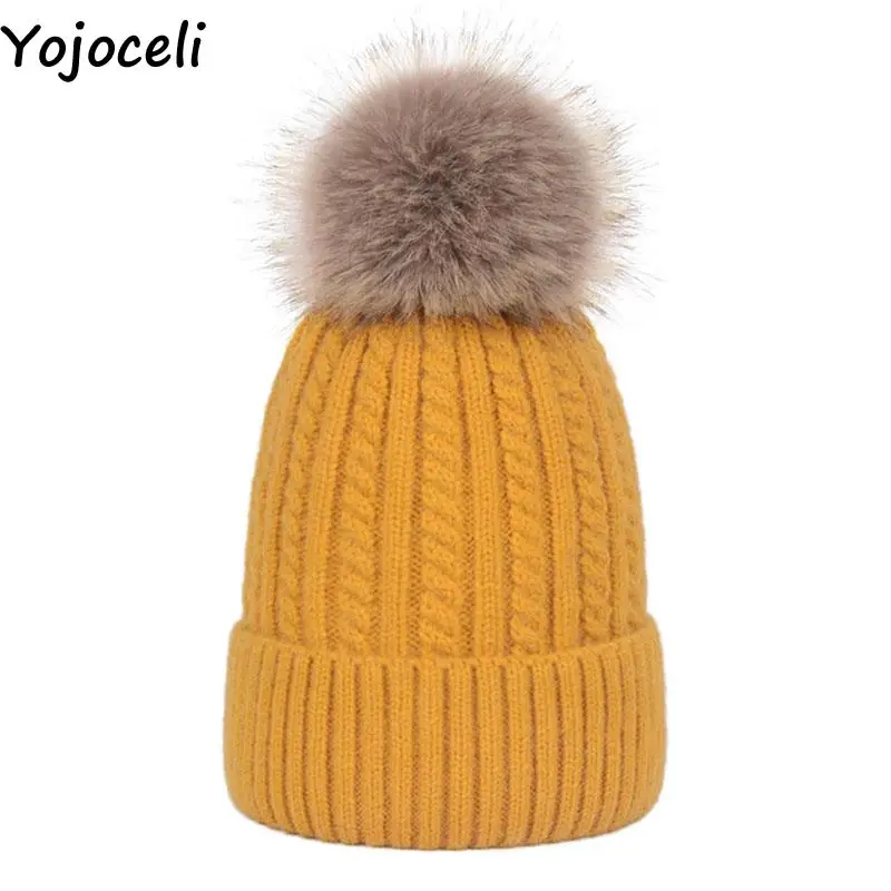

Плотные зимние теплые Повседневные шапки Yojoceli, шапки с меховым помпоном, вязаные женские шапки, Повседневная Осенняя шапка для женщин, обле...