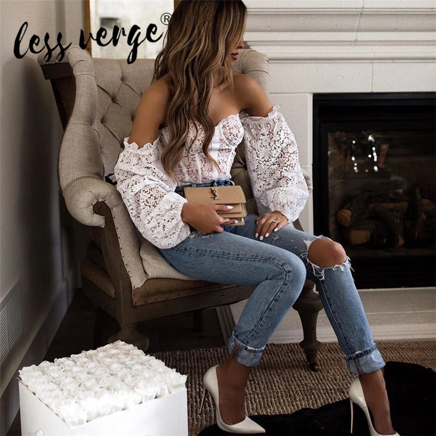 

Lessverge Women Lace T-shirt Strapless Lace Top Long Puff Sleeve Casual T-shirt Corset Street Style Solid Color T-shirt
