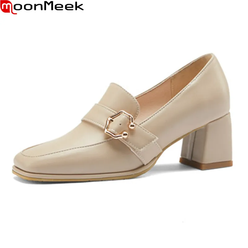 

MoonMeek 2021 Big Size 33-48 High Heels Shoes Thick Heels Square Toe Office Dress Shoes Spring Autumn Women Pumps Rice White