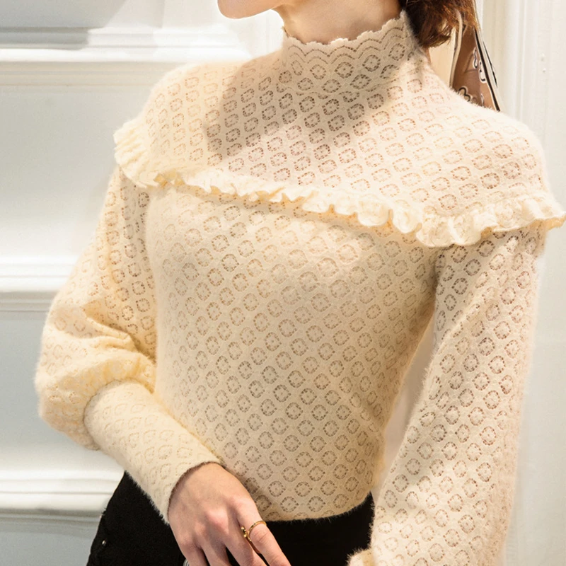 

Top Sexy Black T Shirt Blouse Lace O-Neck Mesh Spring Women Hollow Transparent Fashion Long Lantern Sleeve Office Lady Korean