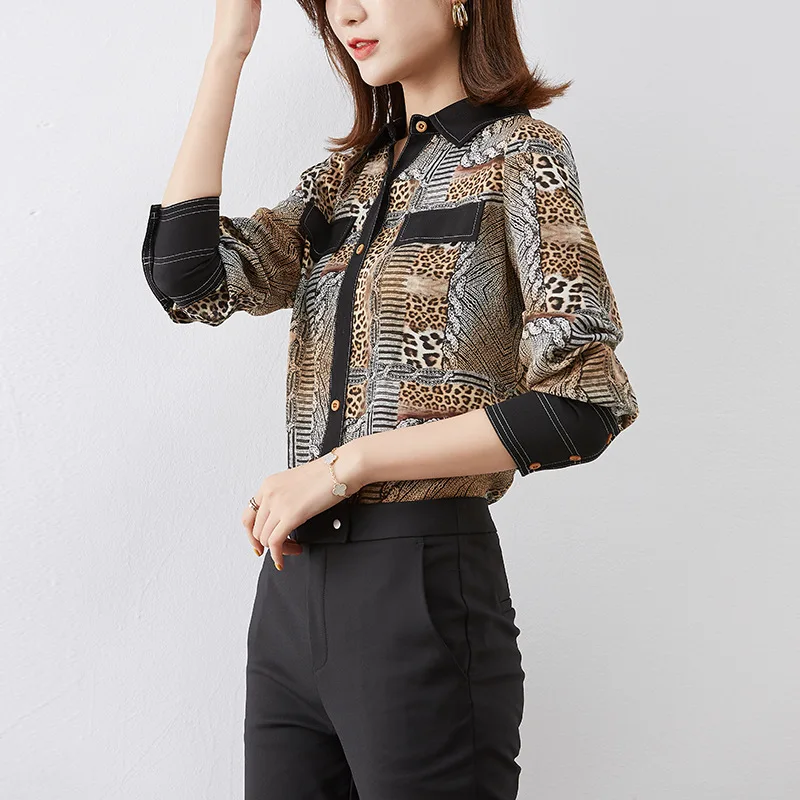 Женская рубашка с леопардовым принтом Повседневная блузка из натурального шелка