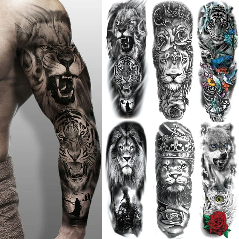 Large Arm Sleeve Lion Crown King Rose Waterproof Temporary Tattoo Sticker Fashion Wild Wolf Tiger Men Full Skull Totem Women
