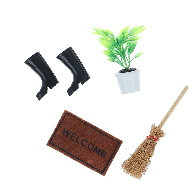 

4Pcs/Set 1:12 Dollhouse Mini Garden Model Potted+Broom+Mat+Shoes for Doll Garden Tool Toys DIY Accessories