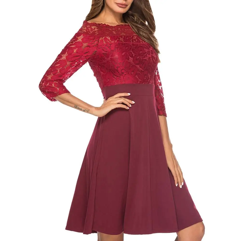 

Women's Long Sleeve Slash Neck Solid Color Lace Waist Casual Long Dress elegant 2019 #3L25
