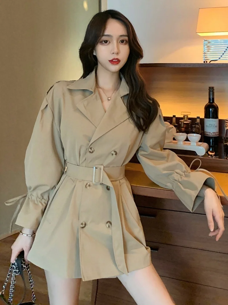 

Korean Style Trench Coat Women's Casual Solid Colors Slim Loose Single Breasted Pocket Adjustable Waist Long-sleeved Overalls