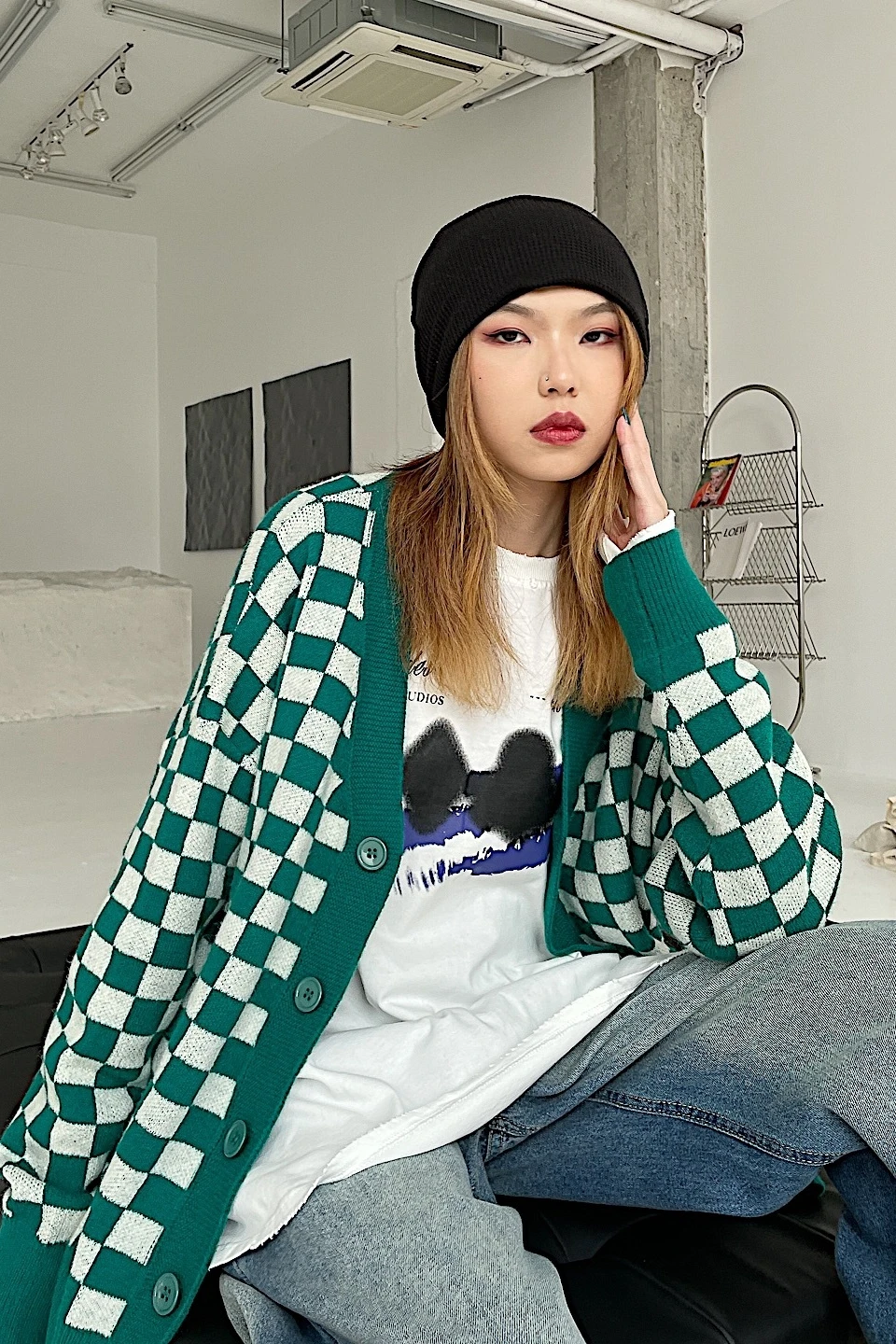 

Autumn new loose college style checkerboard cardigan oversize Vintage versatile couple's sweater women's