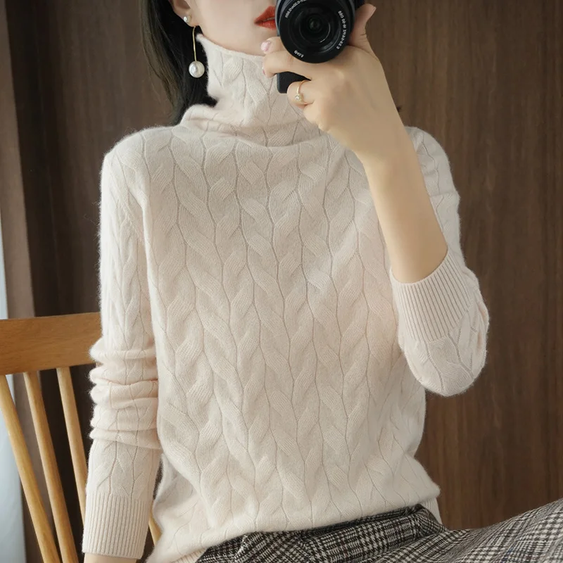 

2021 autumn and winter new women's cashmere knit sweater solid color twist pile neck bottoming sweater