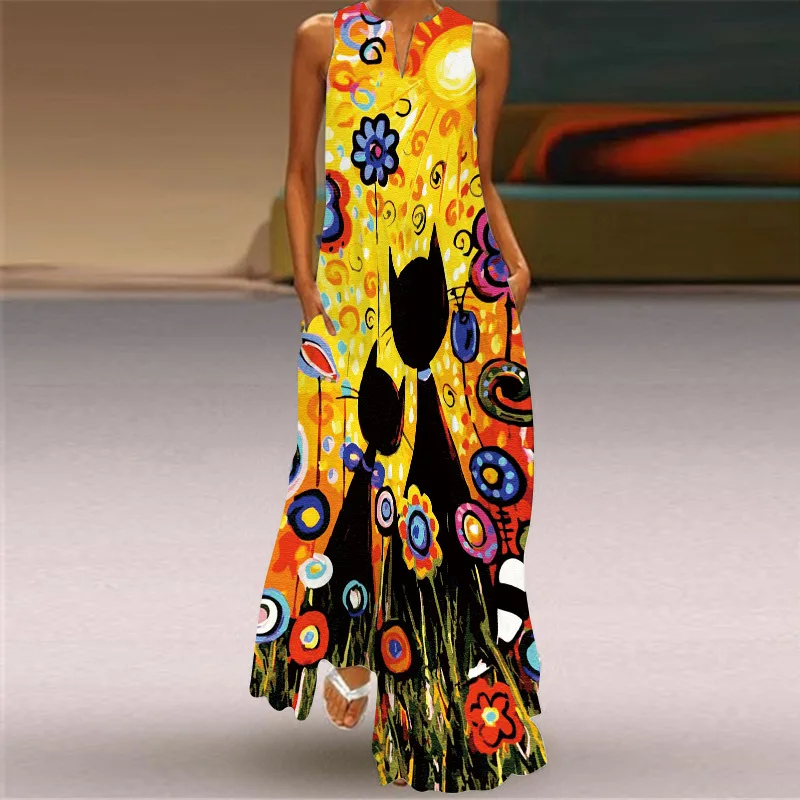

Women Summer Plus Size S-5XL Long Vintage Dress Ethnic Style Floral Print Daily Casual Sleeveless Bohemian V Neck Maxi Sundress