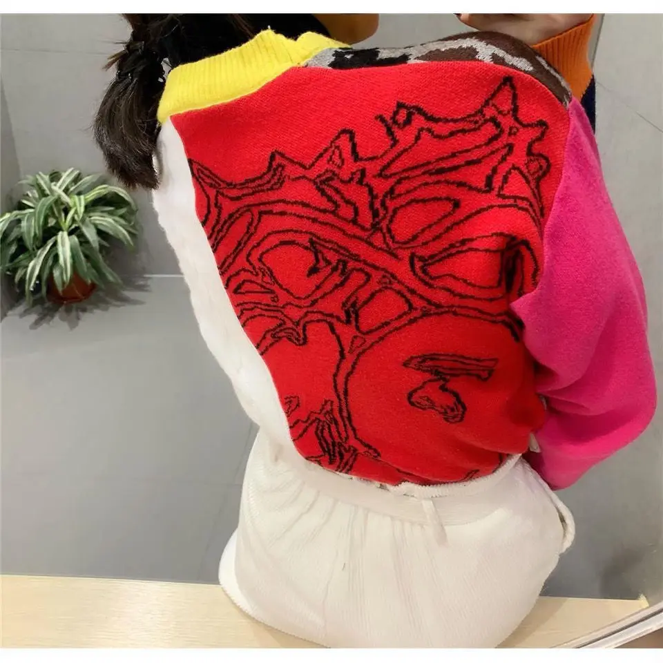 

High-end fashion leopard joining together of new fund of 2020 autumn winters bump color temperament v-neck show thin knitting ca