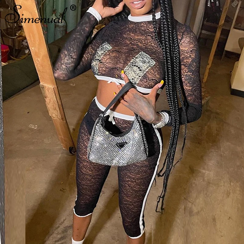 

Simenual Lace See Through Patchwork Two Piece Set Cropped Top And Biker Shorts Bodycon Long Sleeve Matching Sets Sheer Clothing