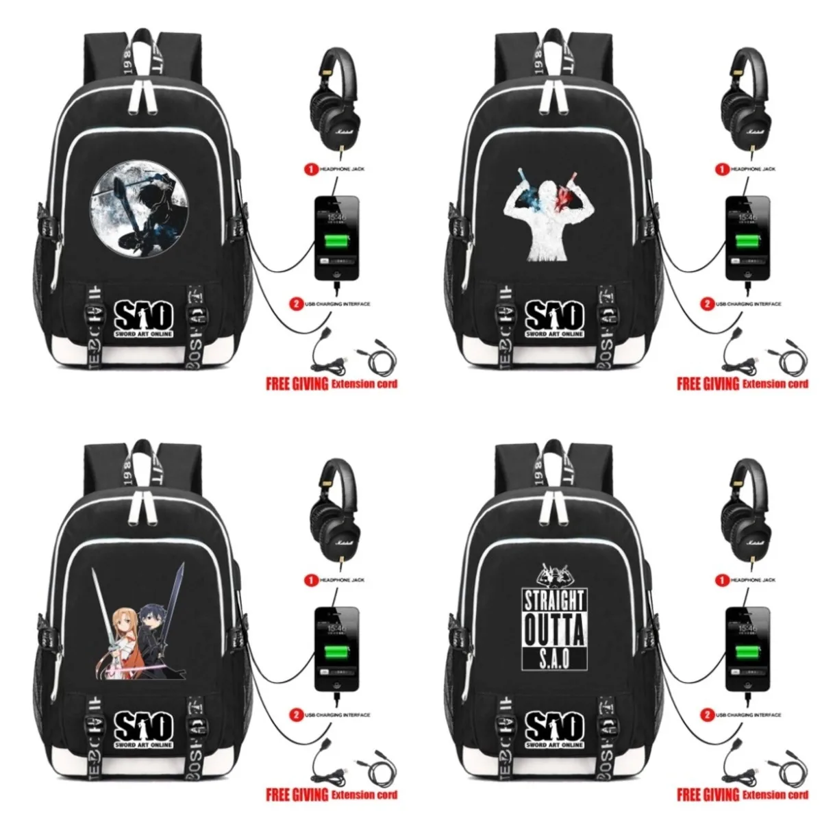 

USB Charging Headphone jack teenagers travel bag Laptop shoulder bag student book backpack for anime Sword Art Online Backpack