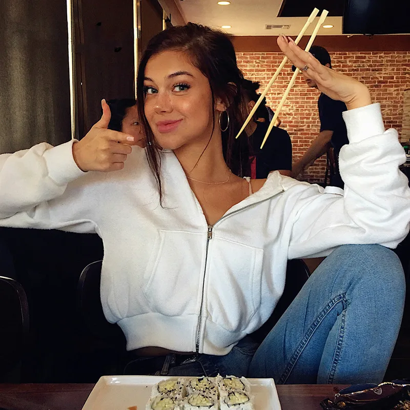 Осенне-зимние женские толстовки на молнии с карманами облегающая укороченная