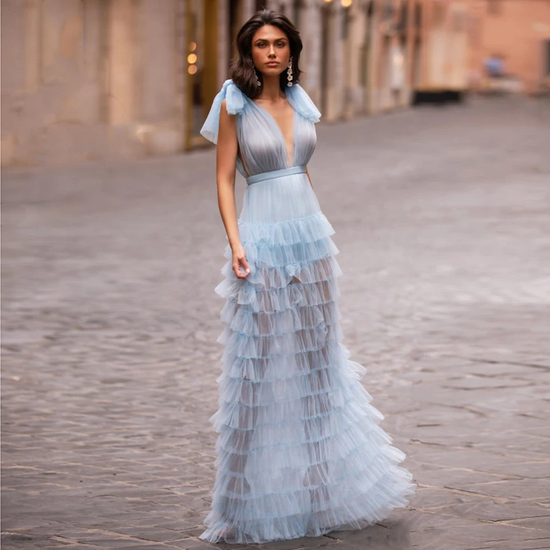 

Extra Sheer Party Dress Fashion Long Prom Gowns abiye abendkleider vestido de festa longo Trendy Evening Gown Dress Pale Blue