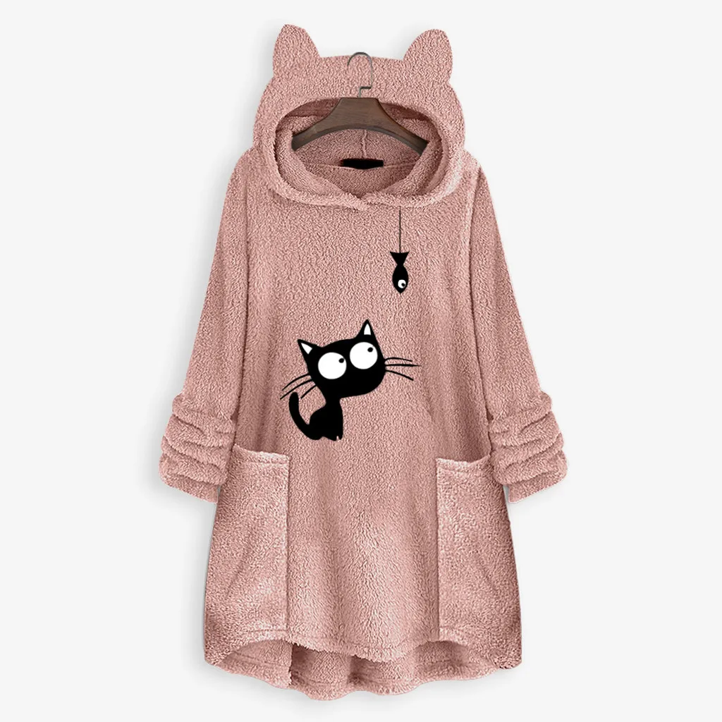 Женский флисовый пуловер с капюшоном Kawaii теплая толстовка и карманами милым