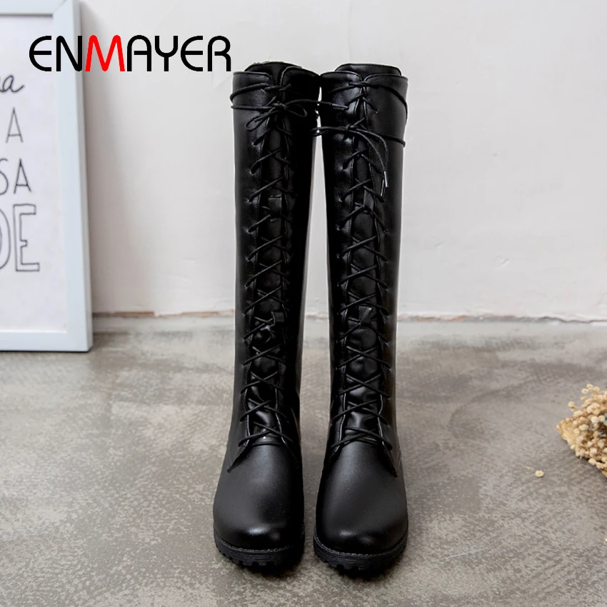 

ENMAYER Round Toe Lace-Up Motorcycle Boots Knee-High Med Square Heel Women Winter Boots Solid Short Plush Cross-tied Rain Boots
