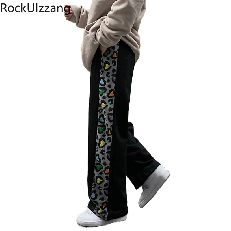 Свободные прямые лоскутные брюки с высокой талией контрастные леопардовые