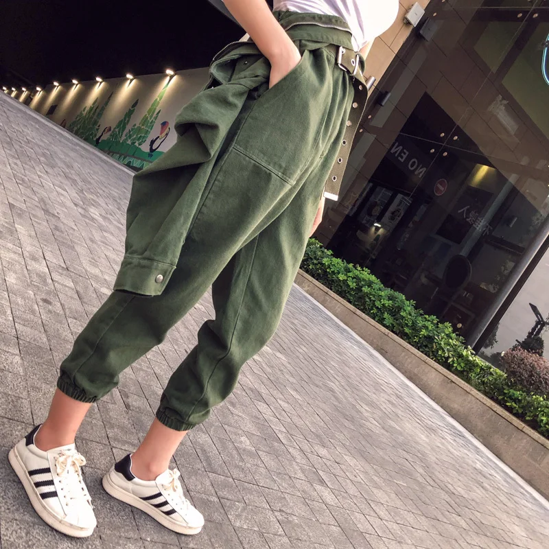 Women Vintage Workwear Slim Jeans Jumpsuit High Waist Street Wear belt Romper Army Green Denim Overalls Cowboy Work Suit