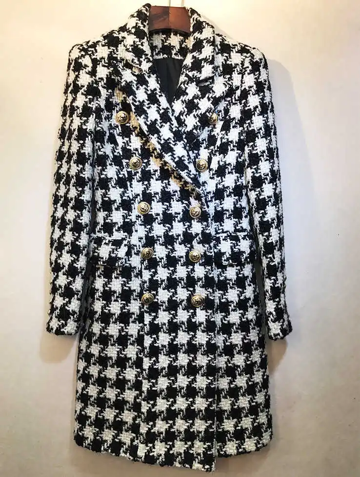 

Europe&America double-breasted women's plaid tweed coat 2021 Fall/winter high quality houndstooth overcoat women B068