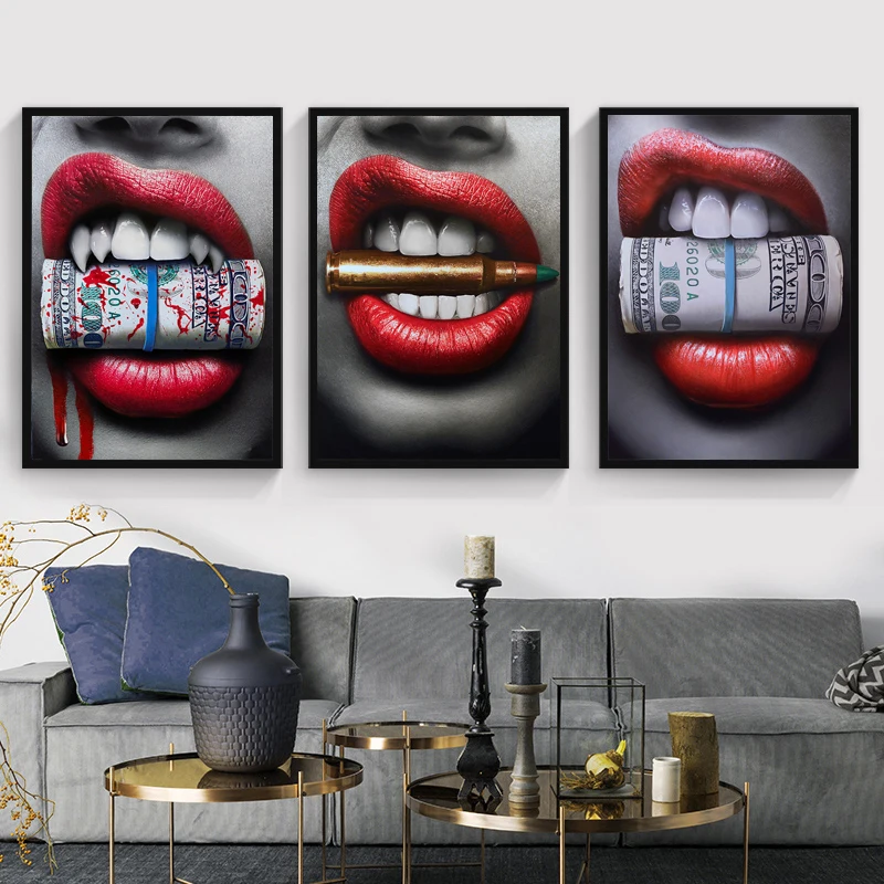 

Modern Wall Art Prints Posters Sexy Red Lips Bite Bullet and Money Canvas Painting For Pub Bar Living Room Decoration