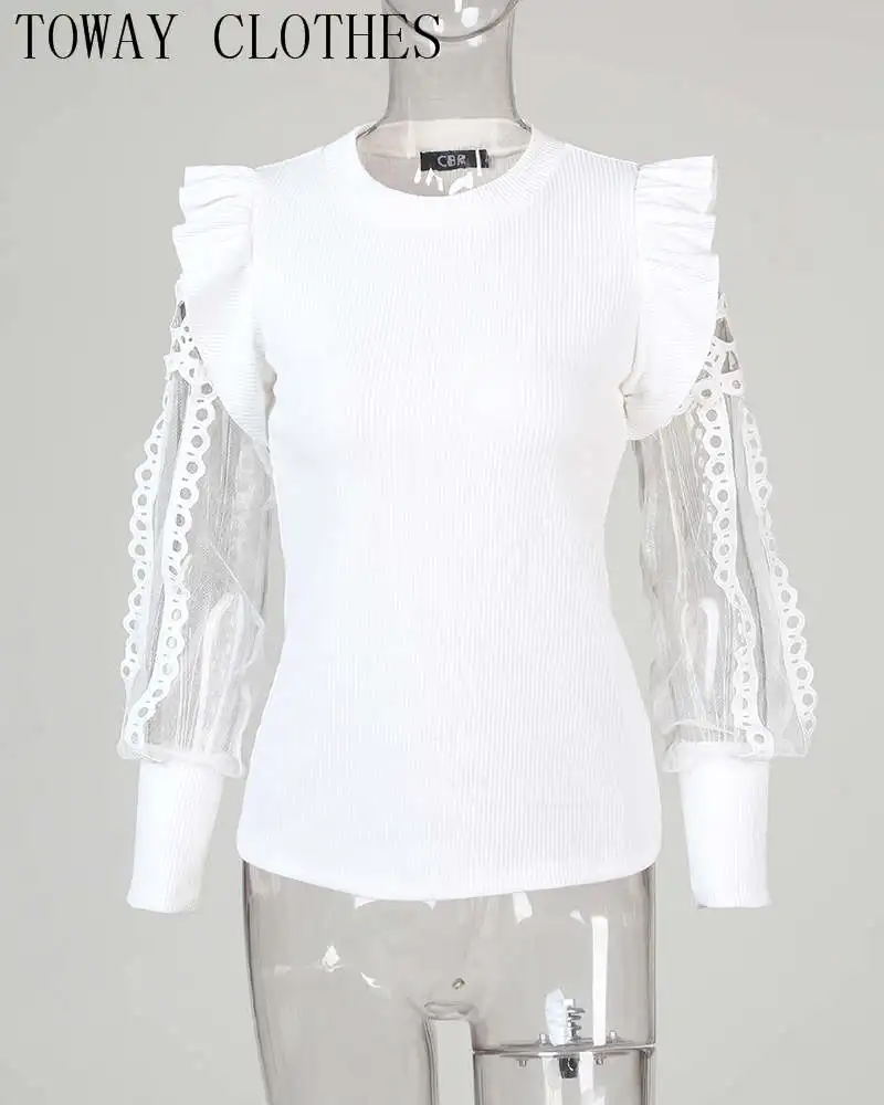 Женская блузка в рубчик с длинным рукавом и круглым вырезом|Блузки| |