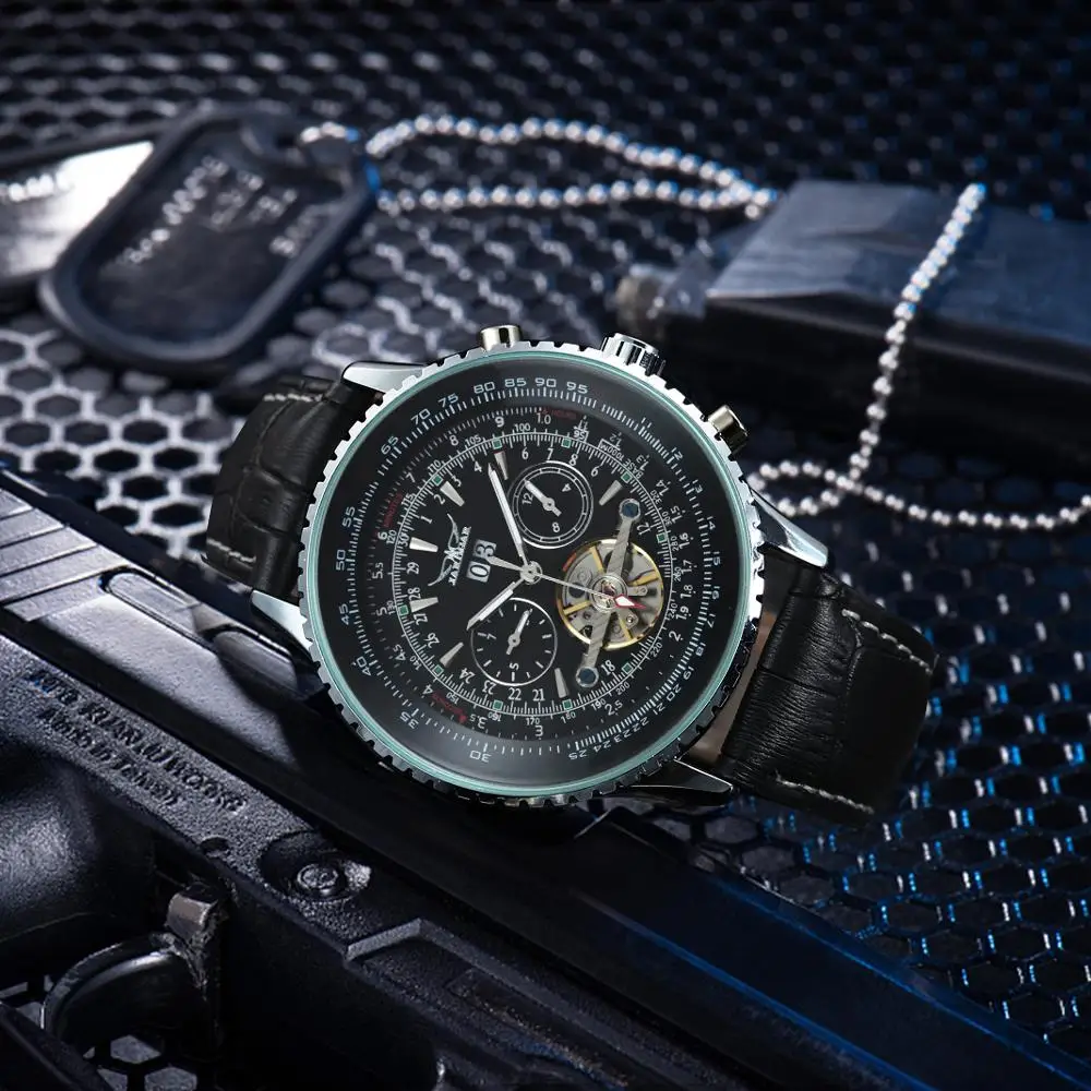 Мужские автоматические механические часы JARAGAR Tourbillon классические с кожаным