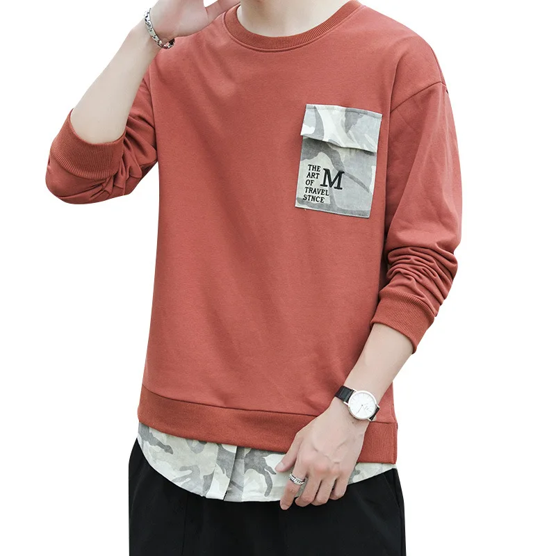 

2021 new fake two-piece long-sleeved t-shirt male printing casual round neck loose trend Korean bottoming shirt