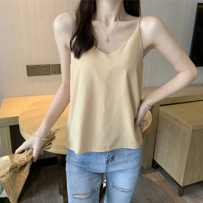 

Spaghetti Strap Top Women Halter V Neck Basic Sleeveless Chiffon Silk Tank Tops Women's Solid Color Summer Camisole Plus Size