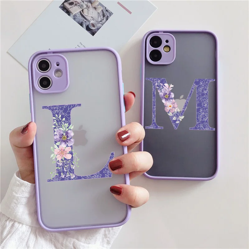 Initial Letter Phone Case For iPhone 13 12 mini 11 Pro X XR XS Max 6s 7 8 Plus Retro Purple Flower Hard Shockproof Back Cover
