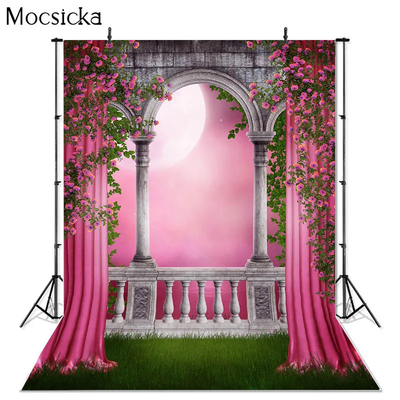 

Mocsicka Castle Photography Background Night Super Moon Pink Curtain Decoration Props Child Portrait Photo Backdrop Studio