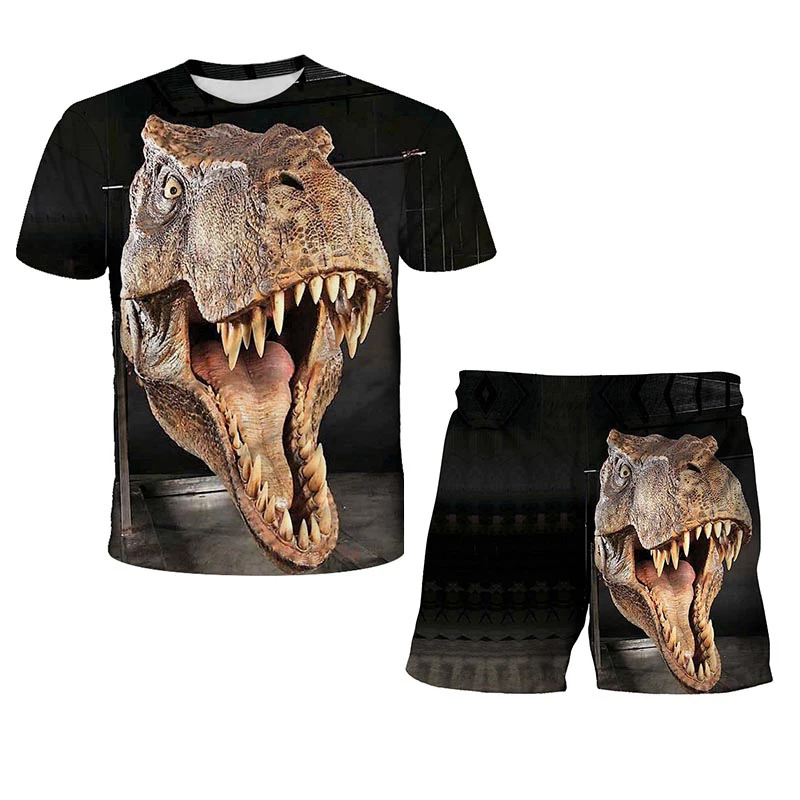 

2021 new Jurassic World Fallen Kingdom Cool Dinosaur Head 3D Printed T-Shirt Shorts Set Boy and Girl Hip Hop T-Shirt Boy Clothin