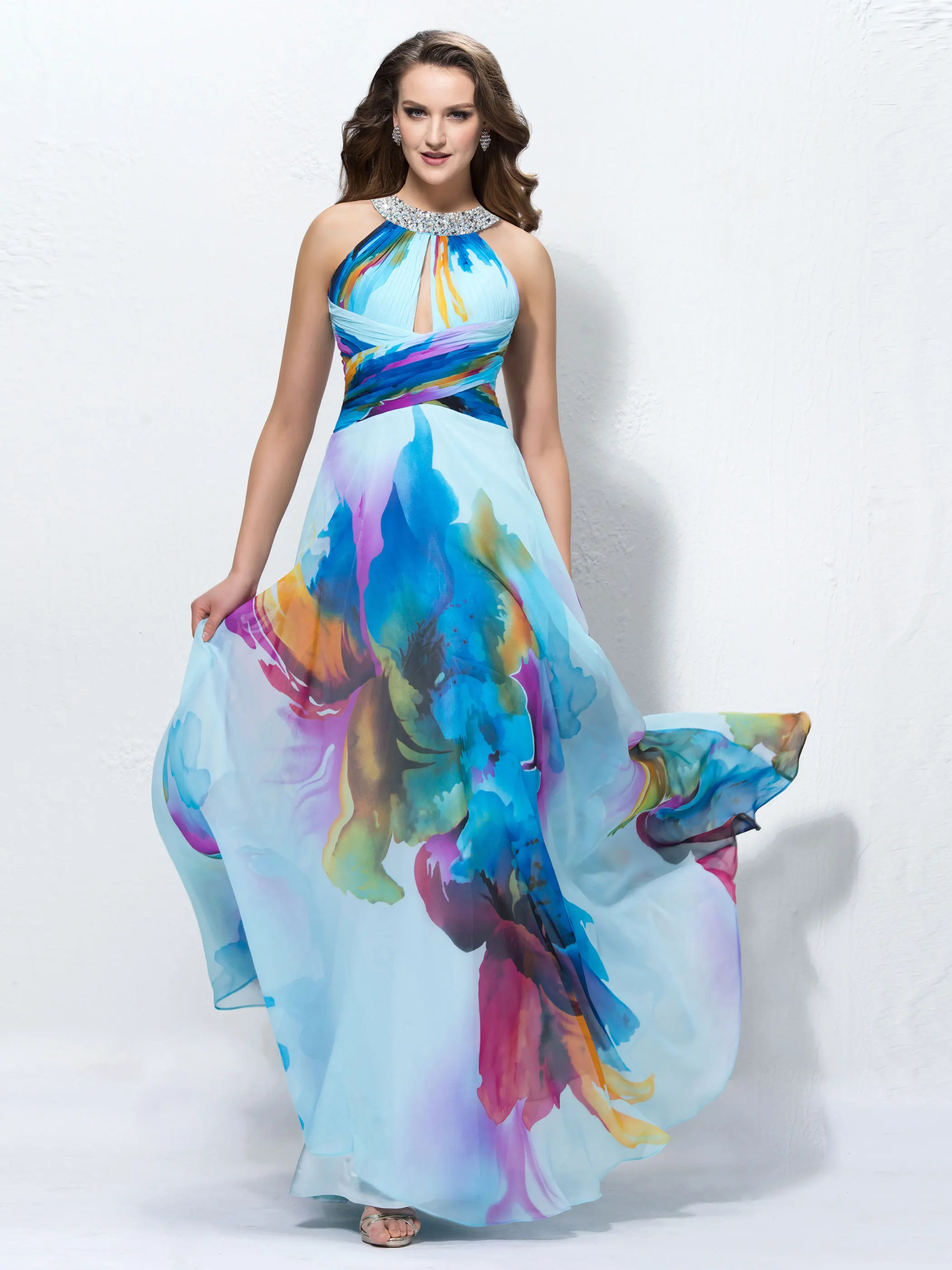 Женское длинное шифоновое платье Tanpell с разноцветным принтом Блестками Бисером