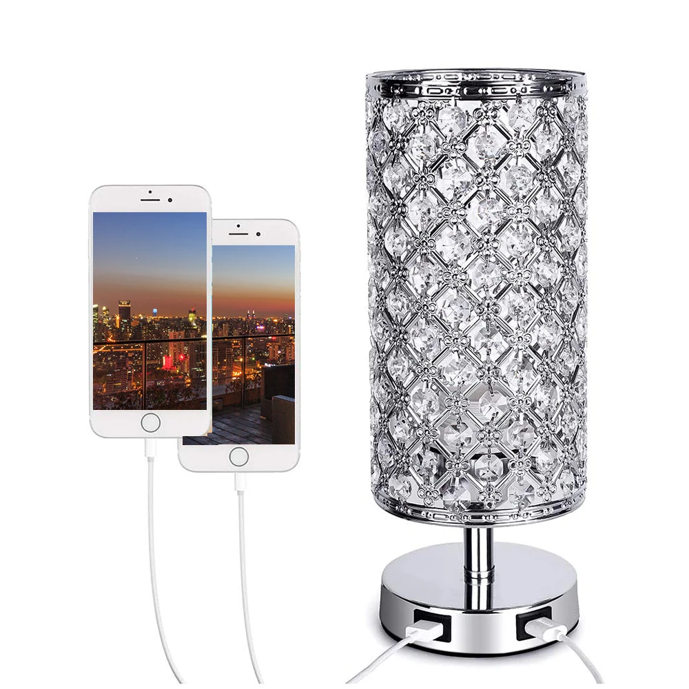

E26 US/UK/EU Silver Crystal Table Lamp For Bedroom Bedside Lamps LED Desk Lamp Gift Small Night Lamp 2.1A Plug