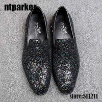 fashion italian style leather shoes men black rhinestones casual shoes men pointed toe sapatos homens wedding party flats men
