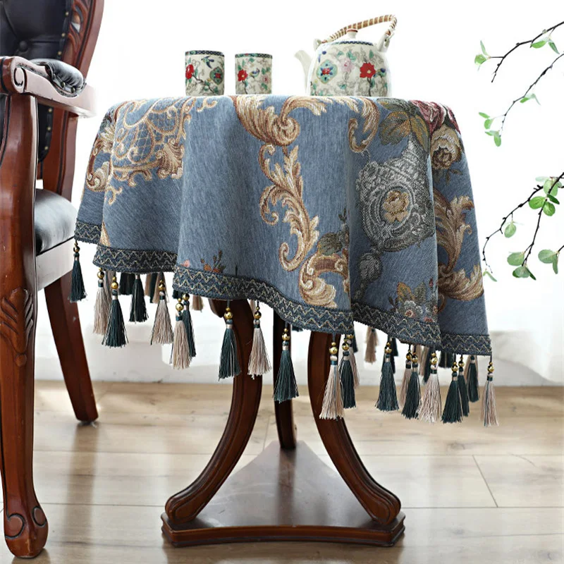 Благородная синяя бежевая маленькая круглая скатерть прямоугольная жаккардовая