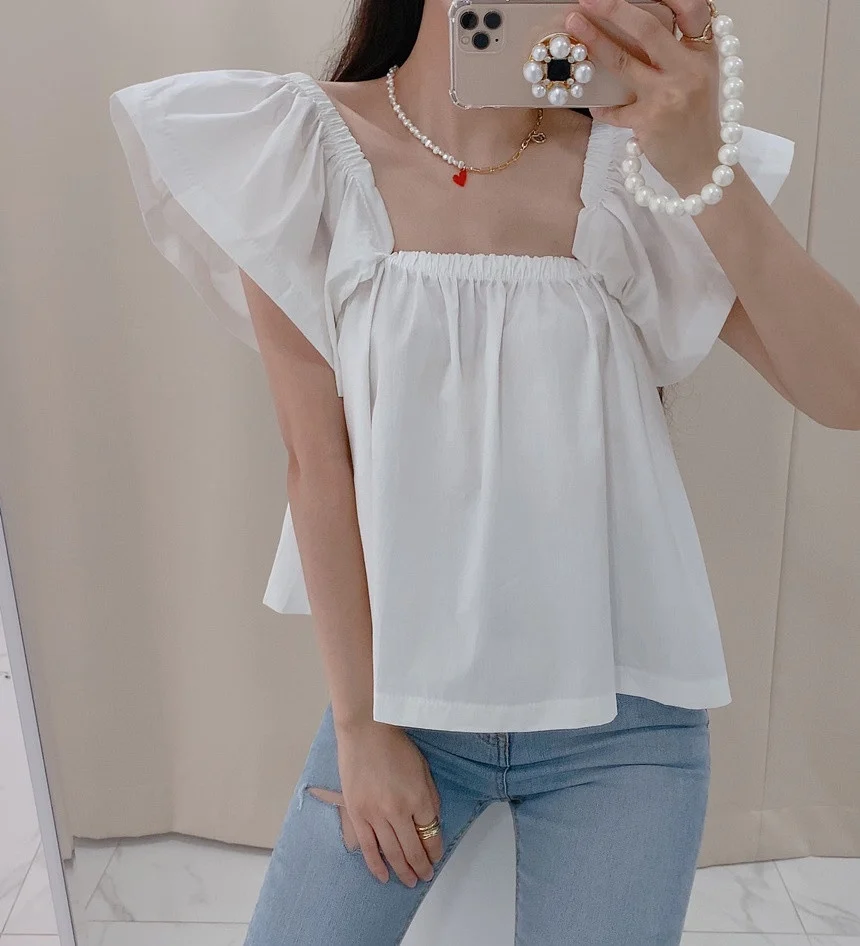 

Korejpaa Women Shirts 2021 Summer Korean Chic Fresh Square Collar Exposed Clavicle Folds Loose Solid Color Flying Sleeve Blouse
