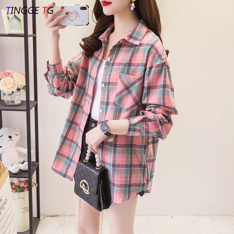 

traf Za Woman 2021 Lapel Spring Shirt Plaid Wild BF Sleeve Loose Outwear Harajuku Female Chemise sheines femme trafaluc trf Y2k