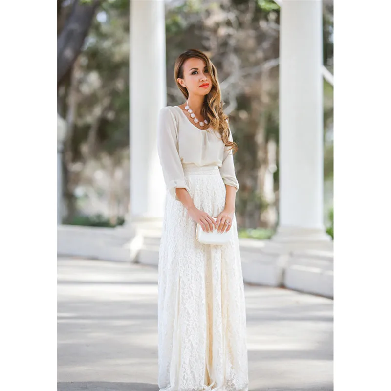 

2021 Women Double Lace Layer Chiffon Pleated Long Maxi Skirt Elastic Waist Floral Ankle-Length long skirt streetwear